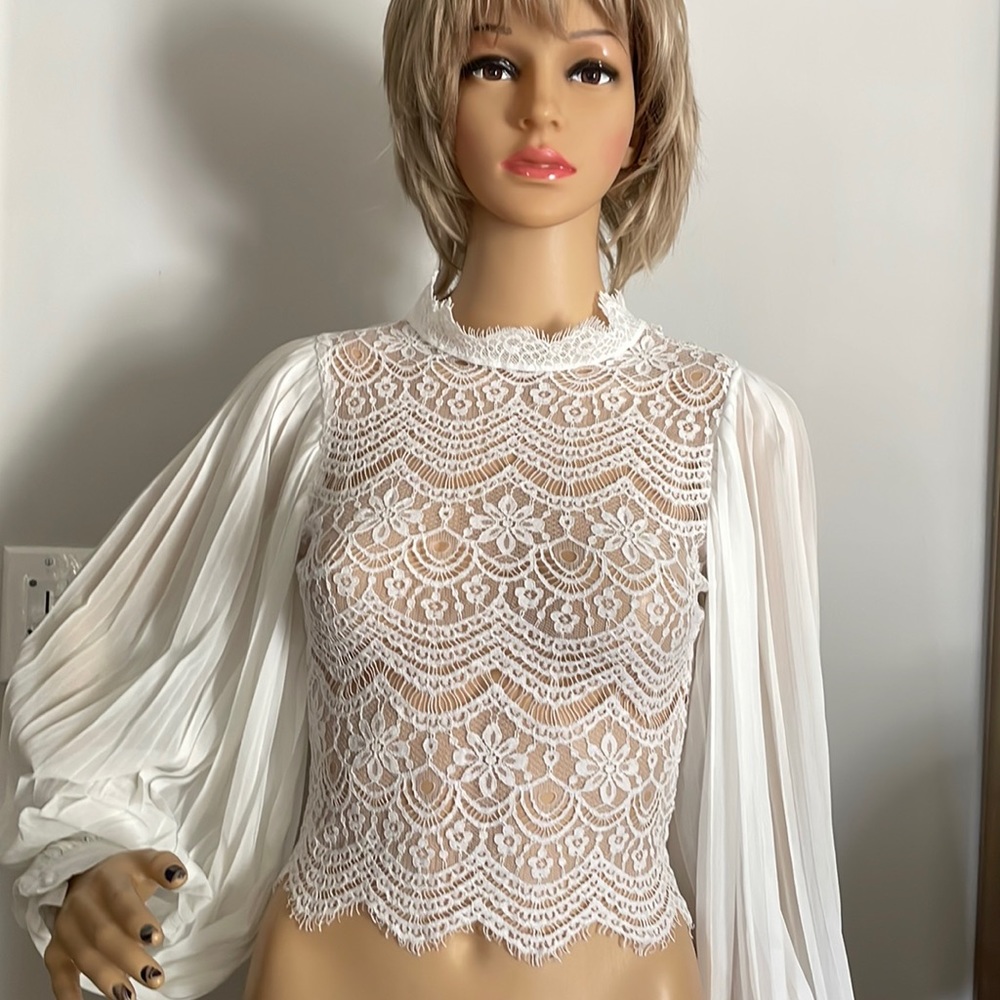 A Peach Lace Mock Neck Top Sheer small